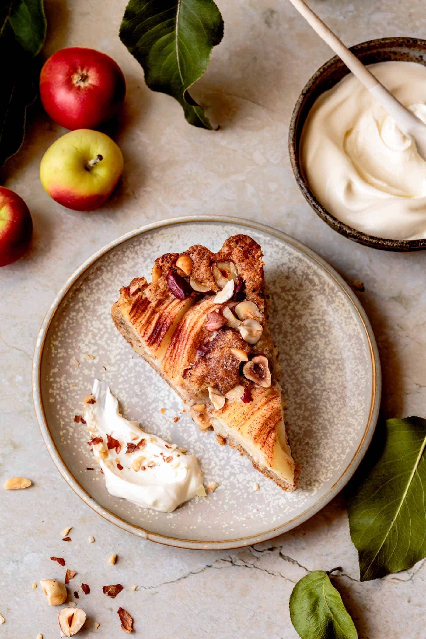 Slice of gluten-free apple cake with almond flour or hazelnut flour