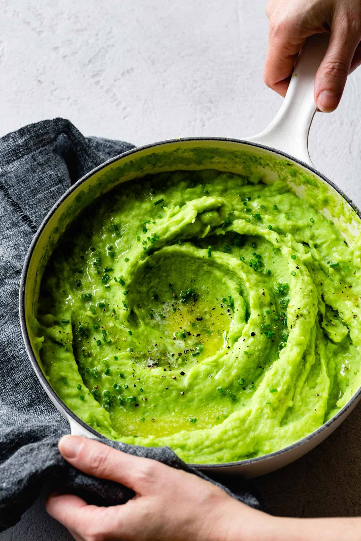 Serving a pot of Green Goddess Mashed Potatoes