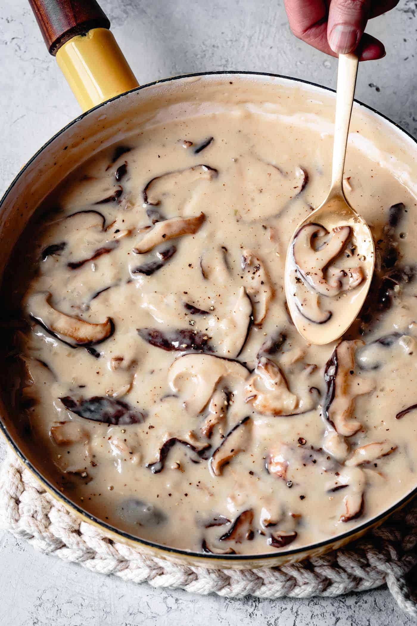 Finished shiitake mushroom gravy in the pan (gluten-free, vegetarian, vegan option)