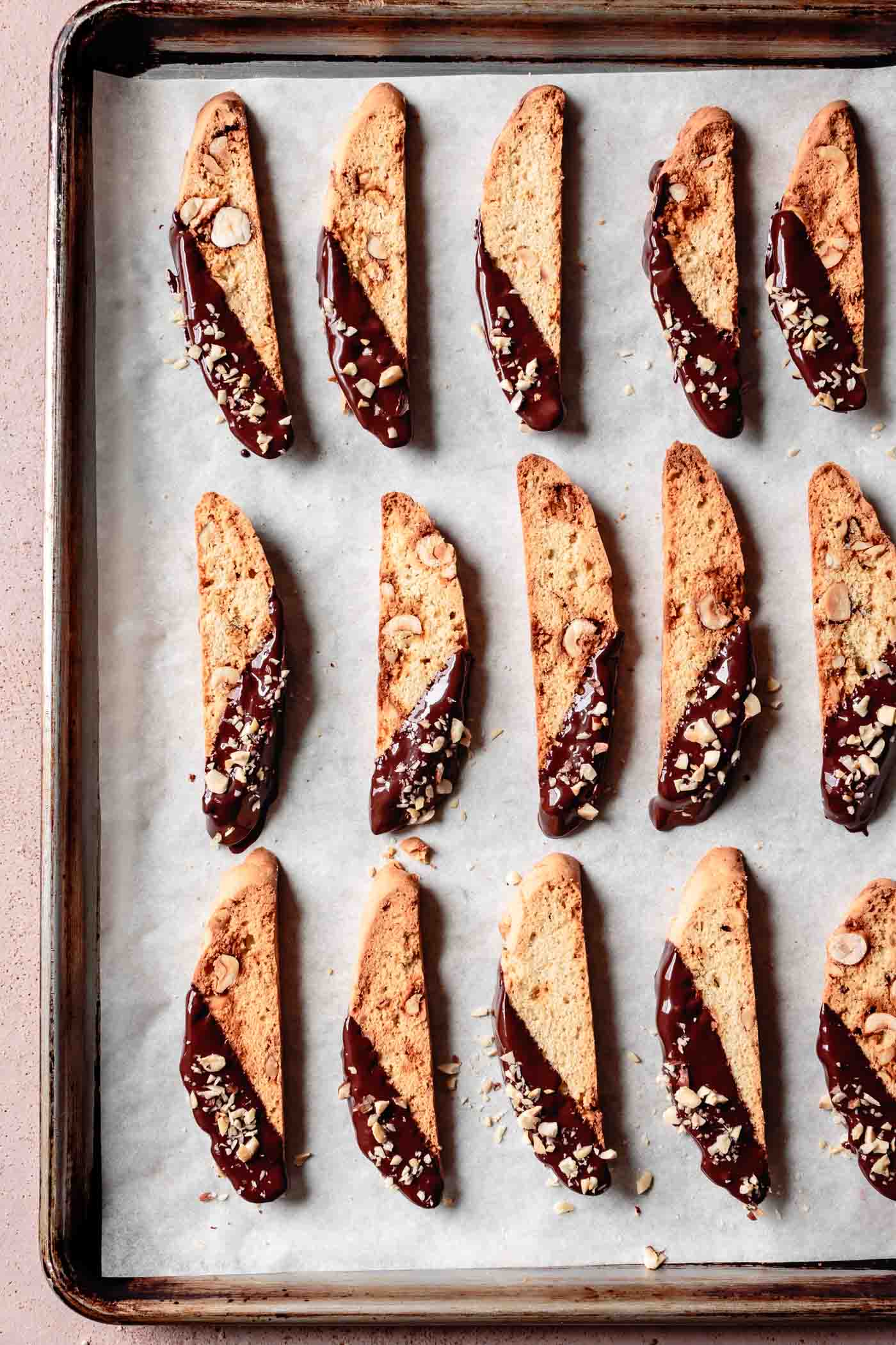 Gluten-Free Biscotti Recipe with Hazelnuts & Chocolate on a baking sheet