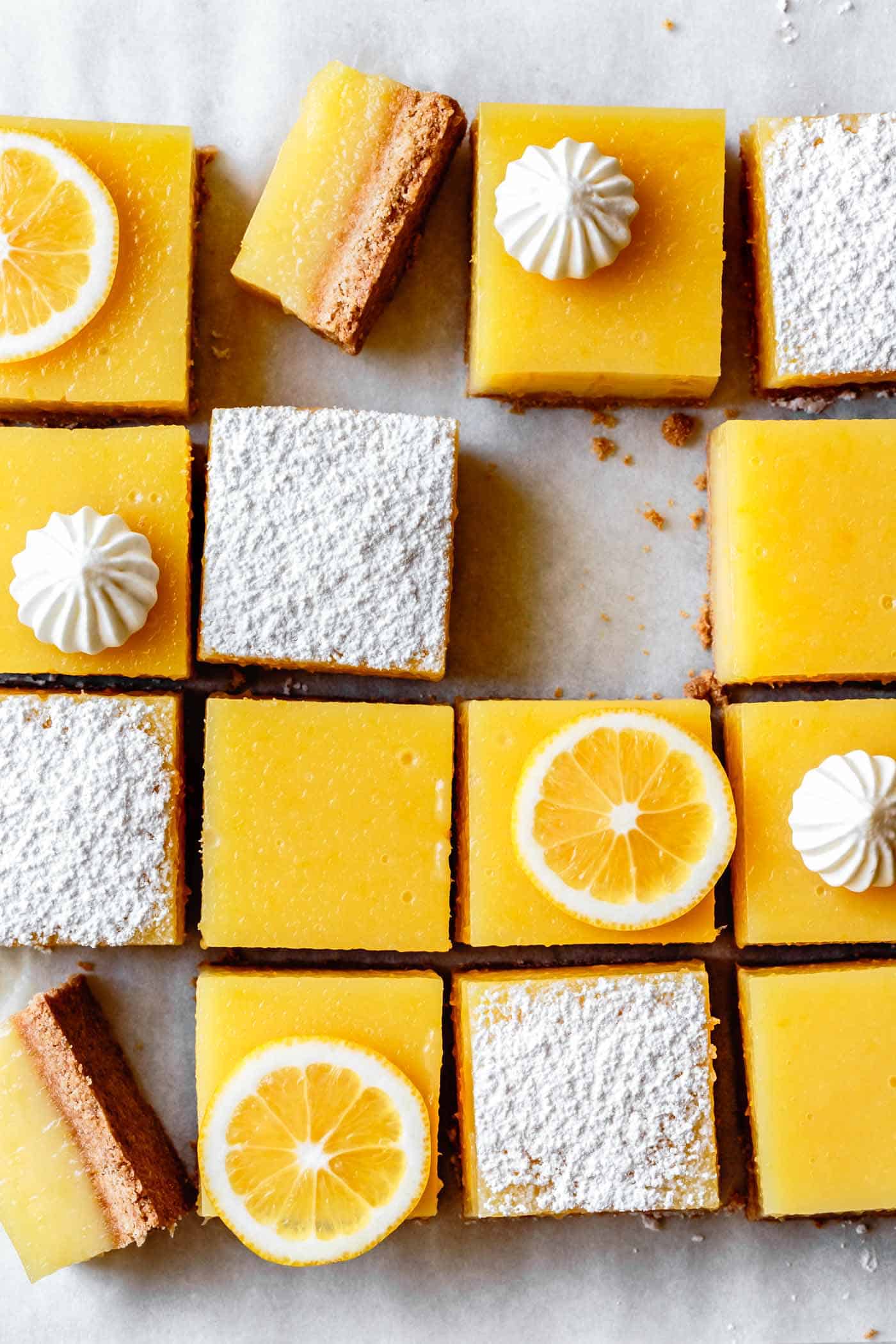 Gluten-free lemon squares or lemon bars, decorated for serving (close-up)