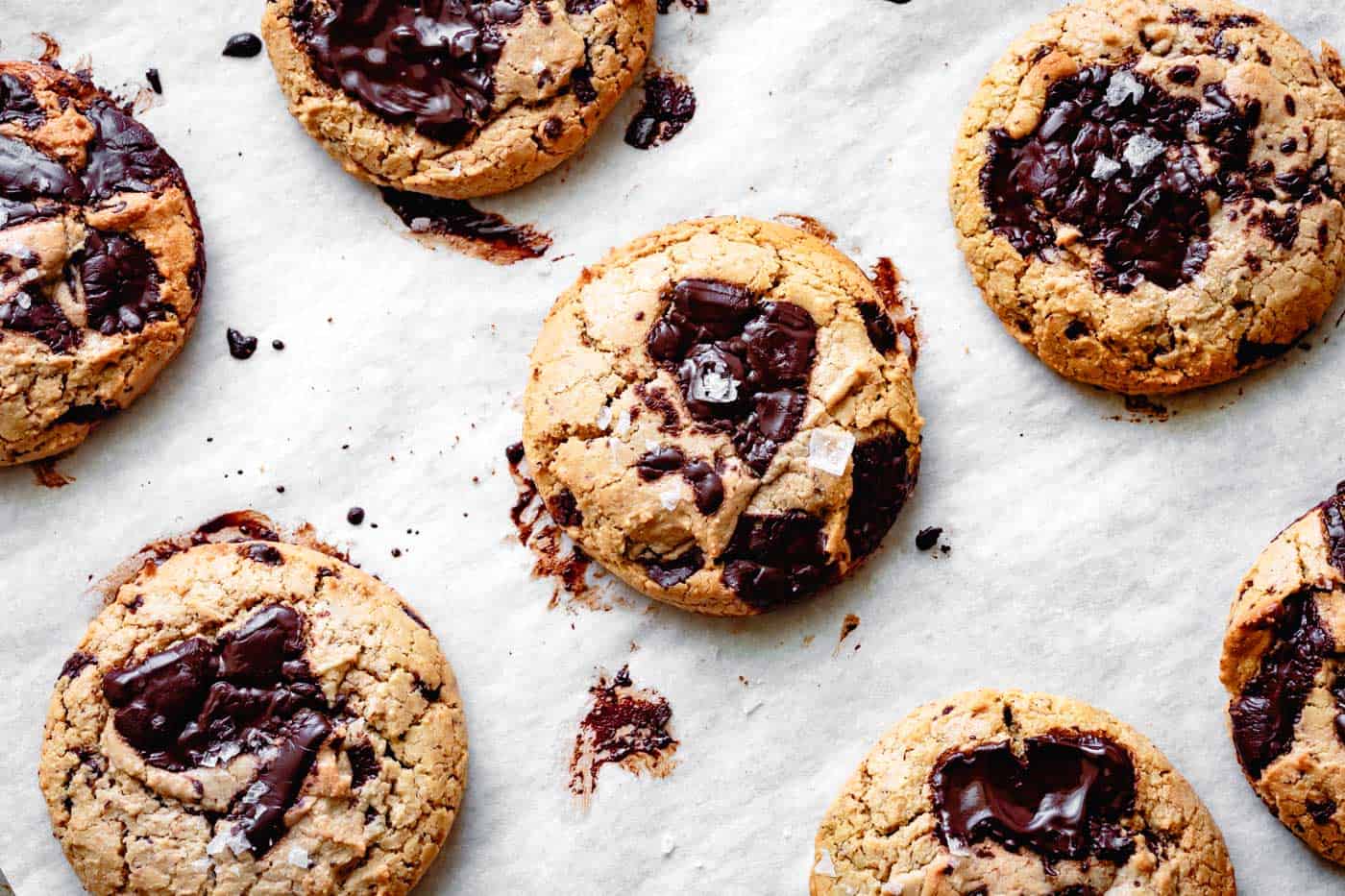 baked paleo vegan chocolate chip cookies on a baking sheet