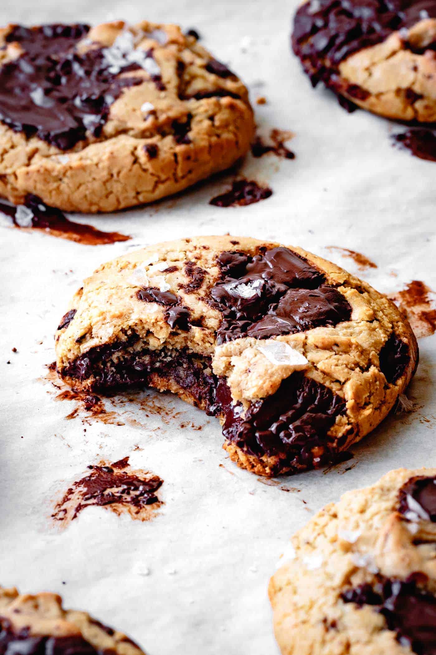 chocolate chip cassava flour cookie with a bite taken out