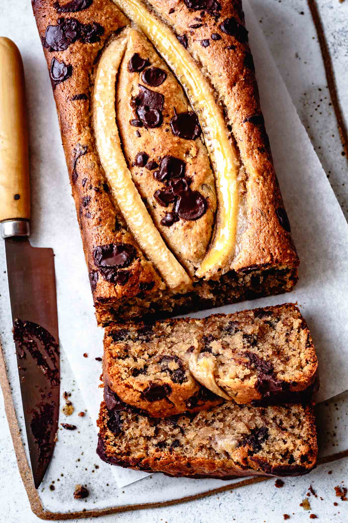 Loaf of vegan paleo banana bread, sliced