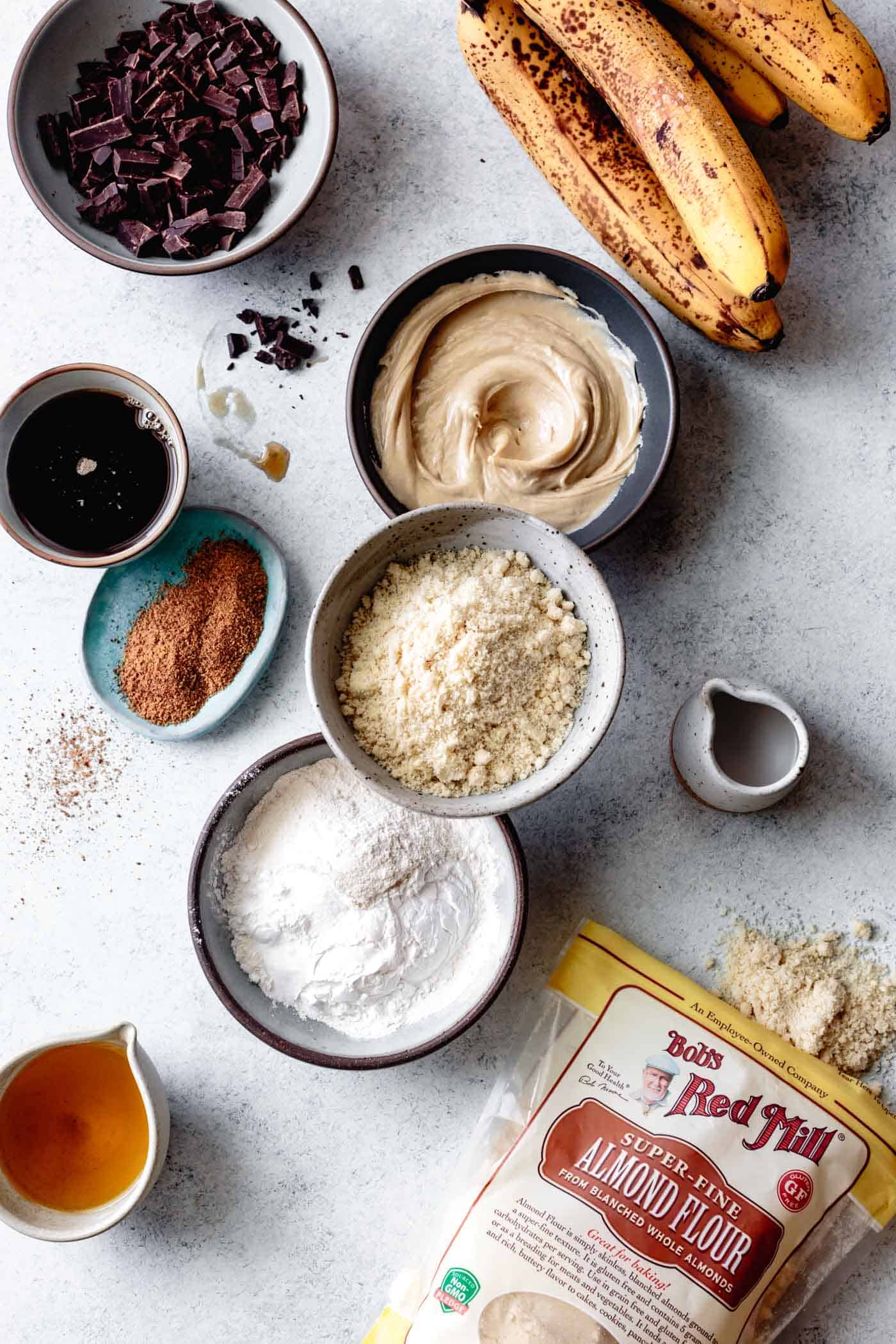 Ingredients for vegan paleo banana bread recipe with chocolate