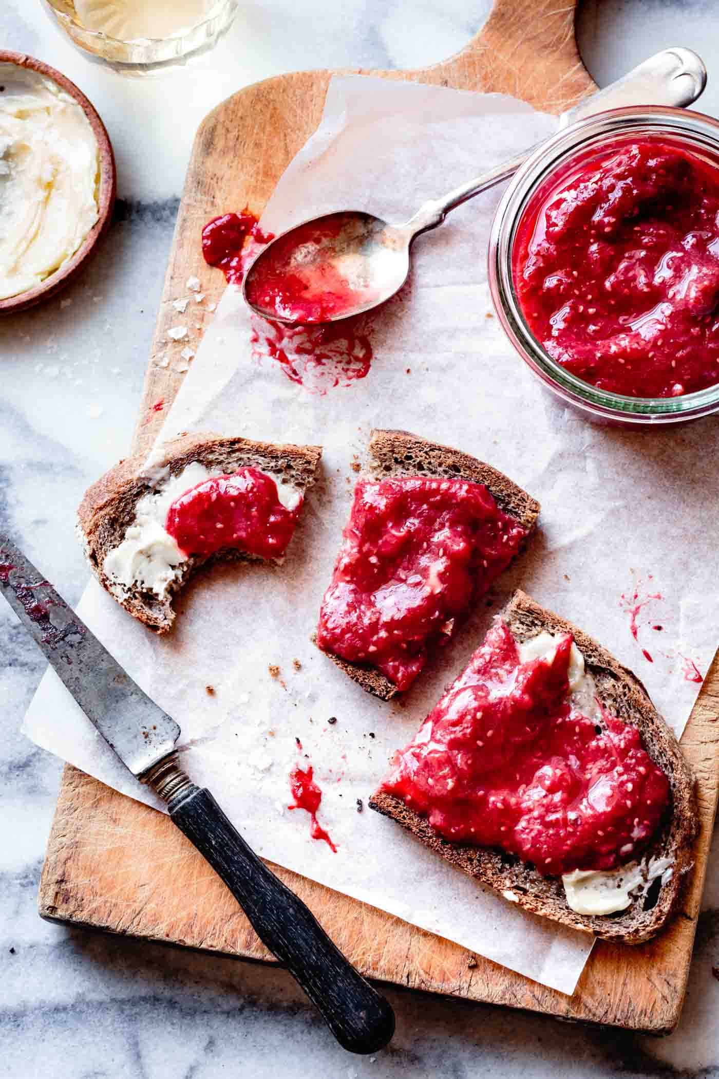 Low-sugar strawberry rhubarb jam recipe, on toast