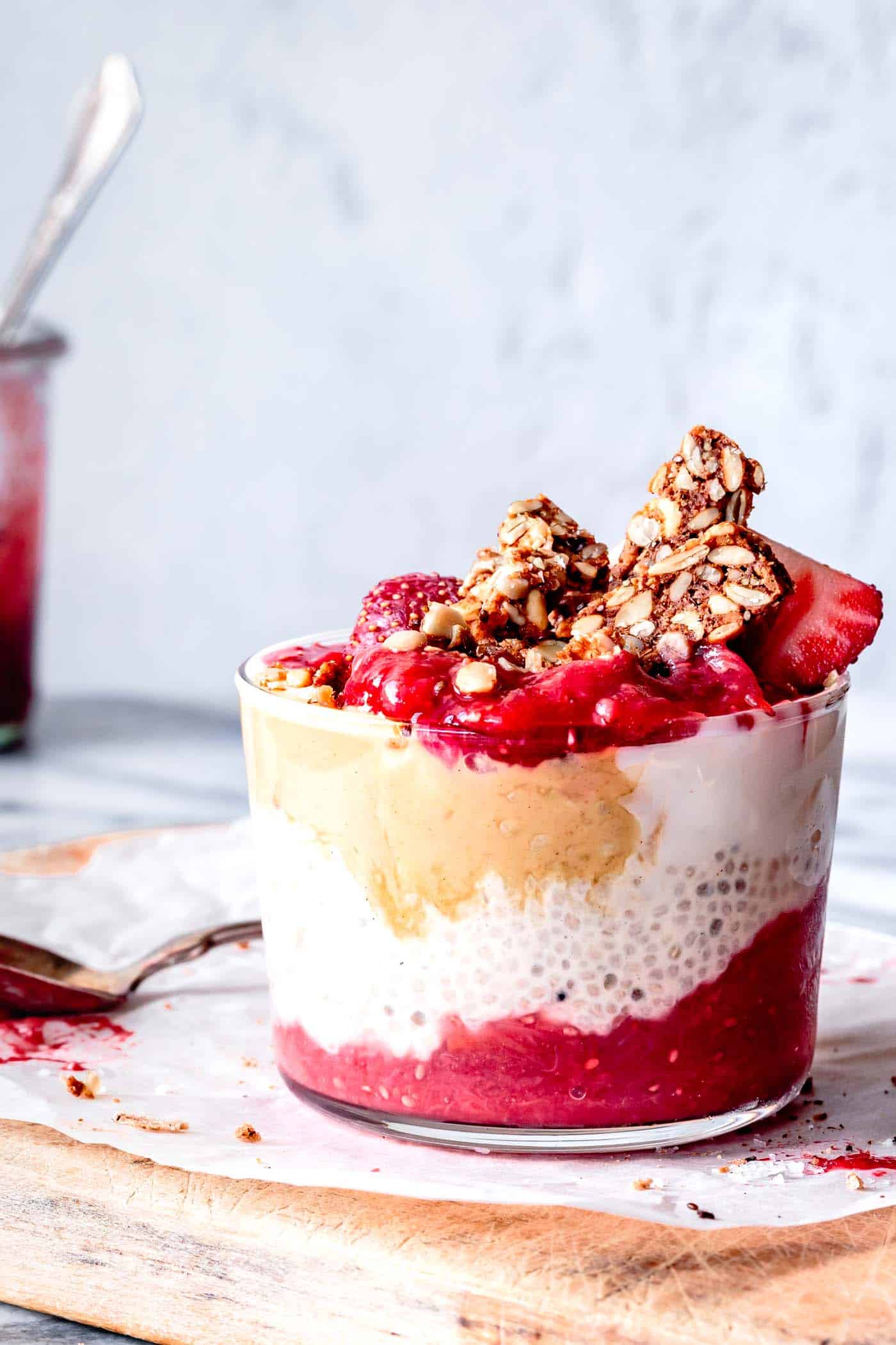 Chia pudding with low-sugar strawberry rhubarb jam