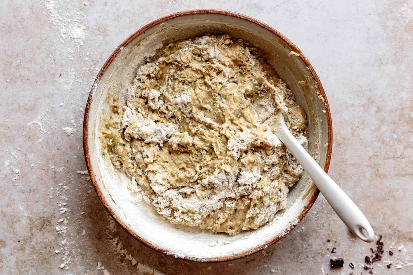 dry ingredients stirred into easy paleo zucchini bread batter