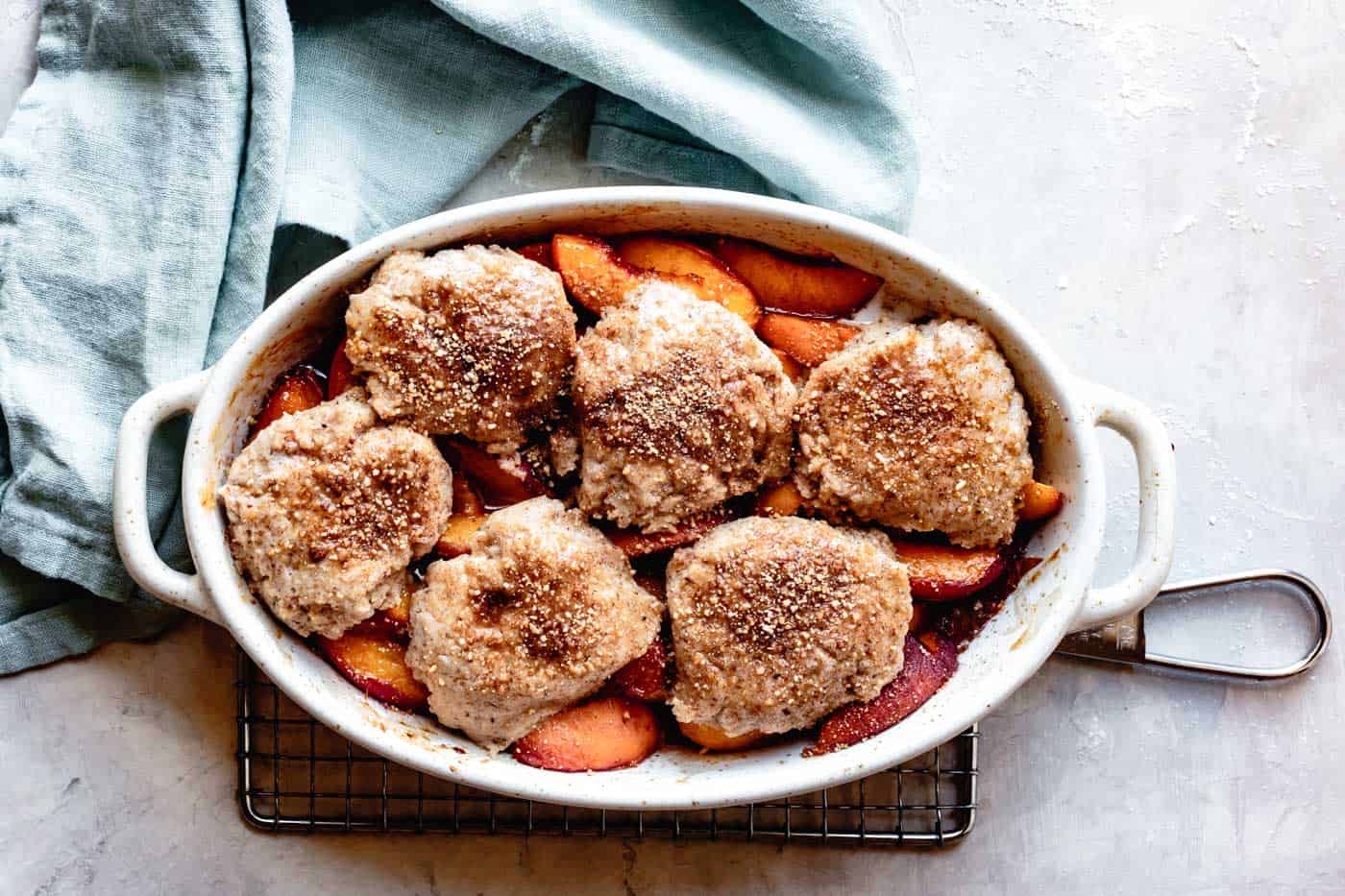 almond flour peach cobbler ready to bake