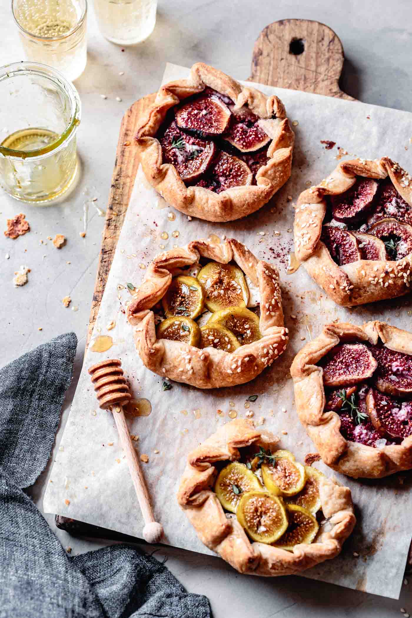 Fig galettes on a platter, overhead vertical