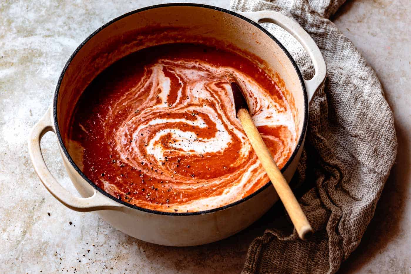 creamy tomato soup in a dutch oven