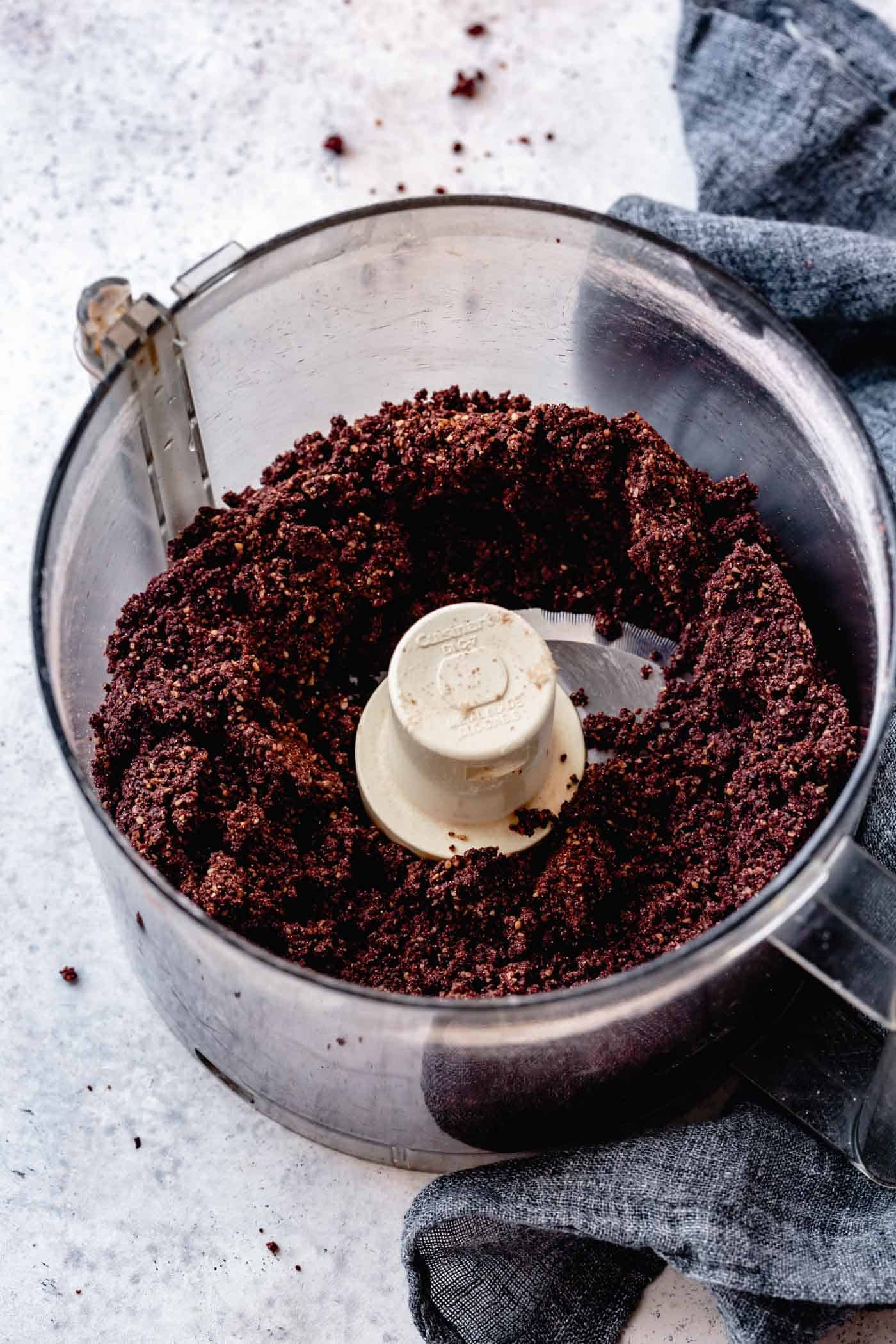 cocoa tart crust dough in a food processor