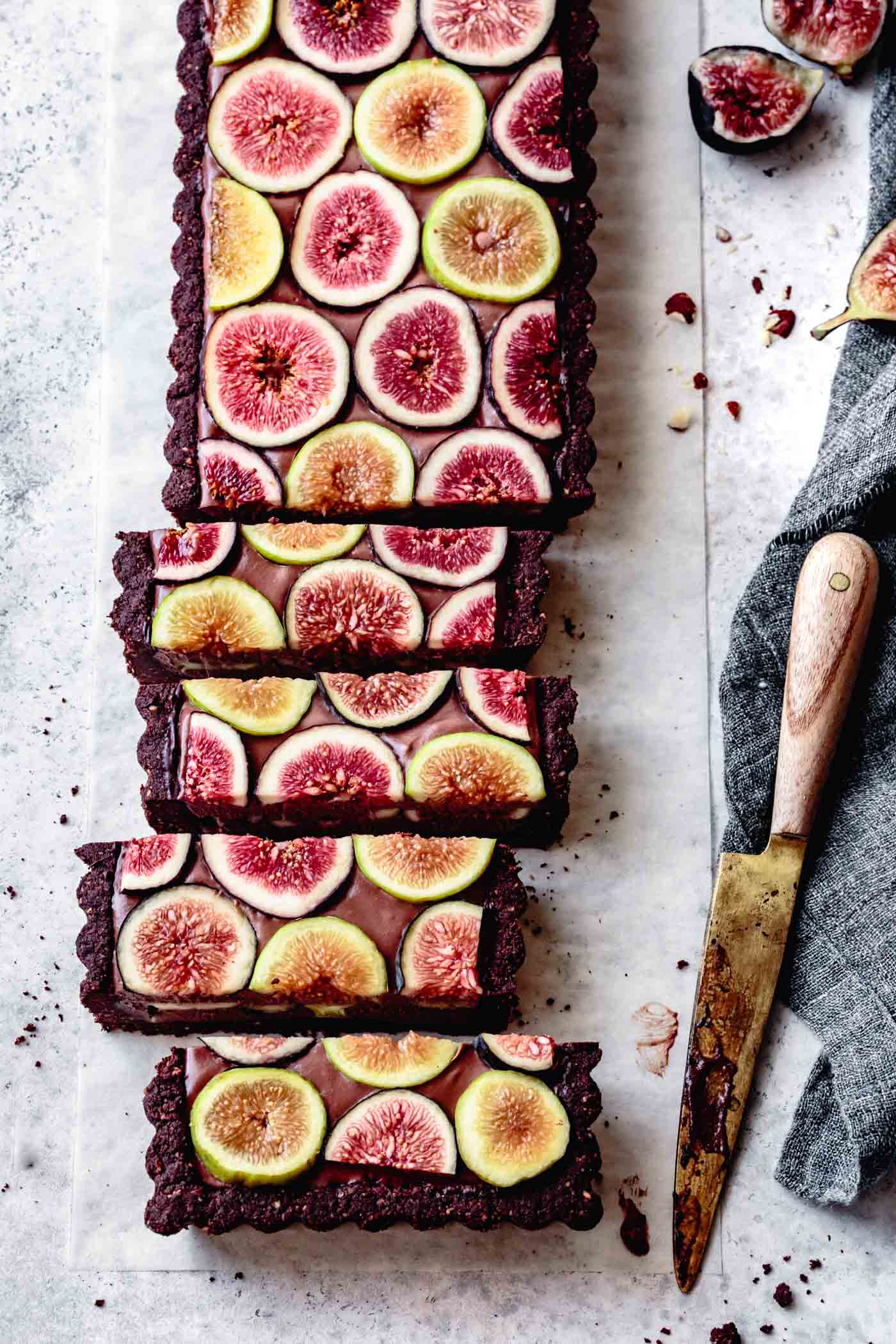 Chocolate fig tart, partially sliced