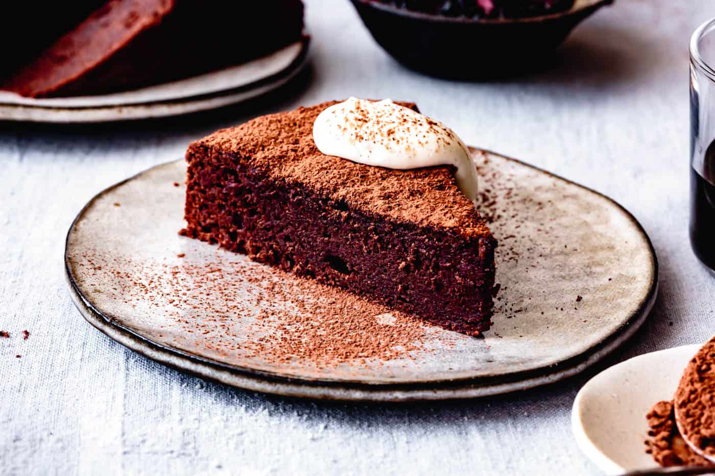 side shot of almond chocolate torte