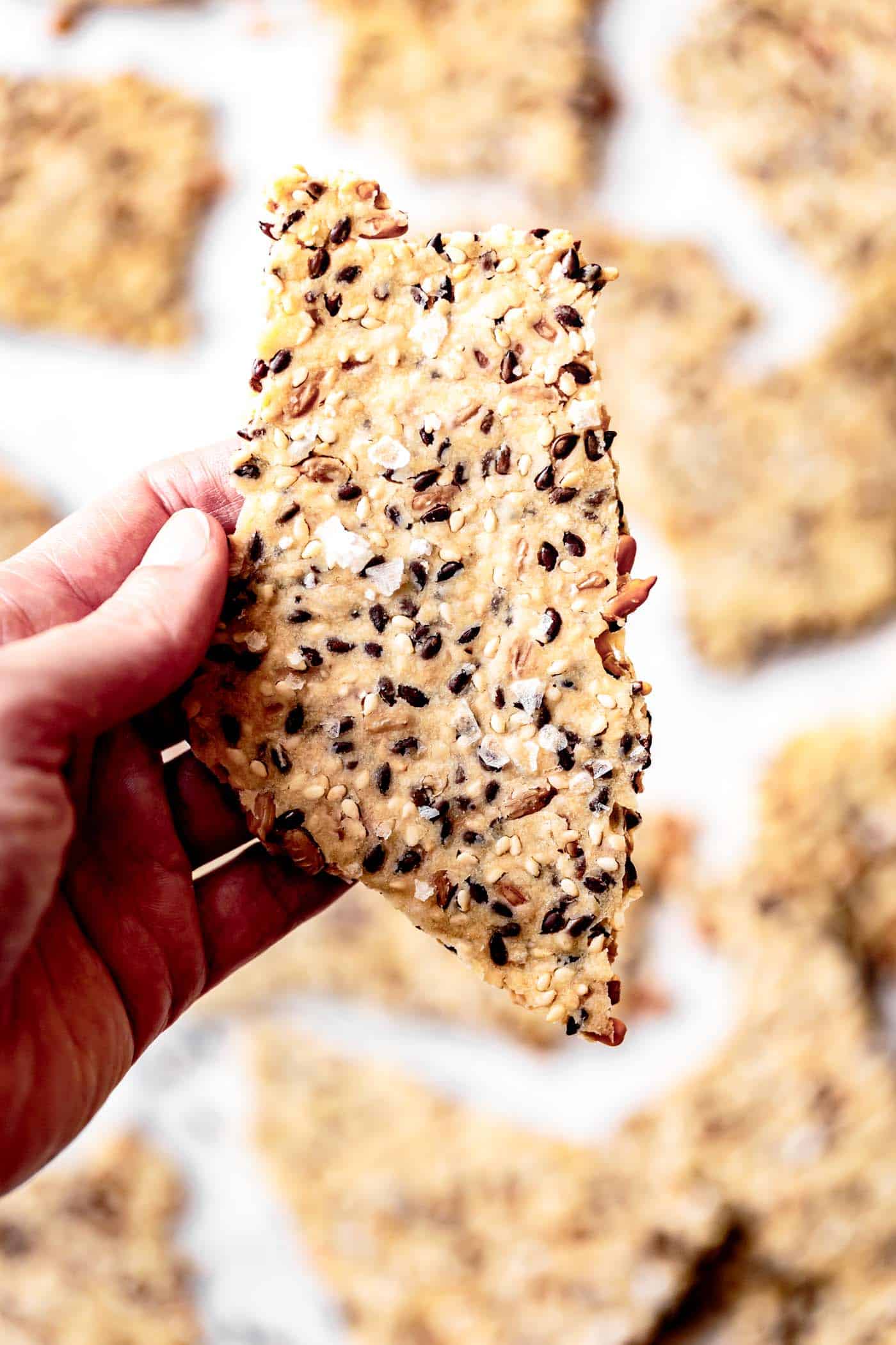 Hand holding a crispy paleo cracker