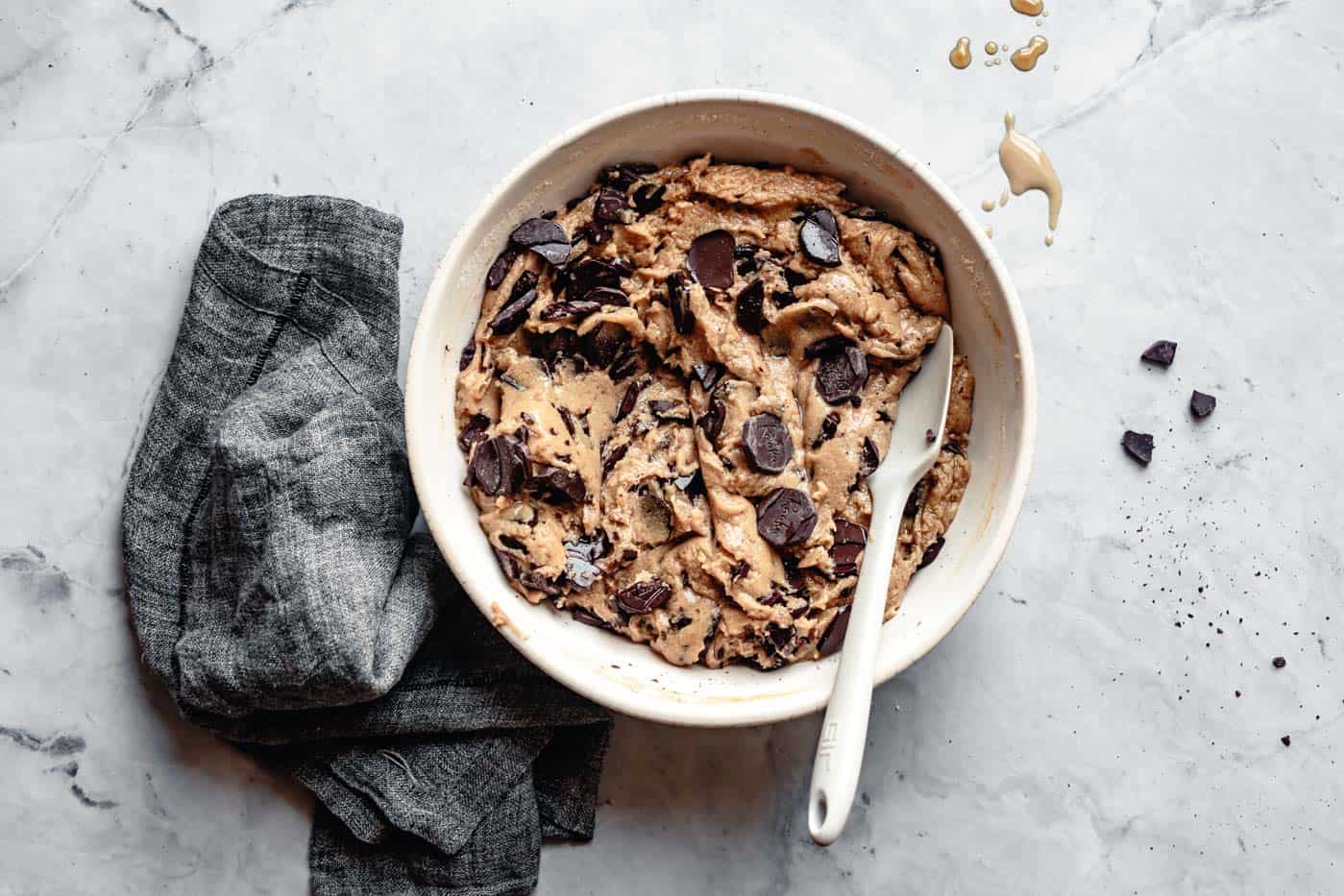 chocolate tahini cookie dough in a bowl