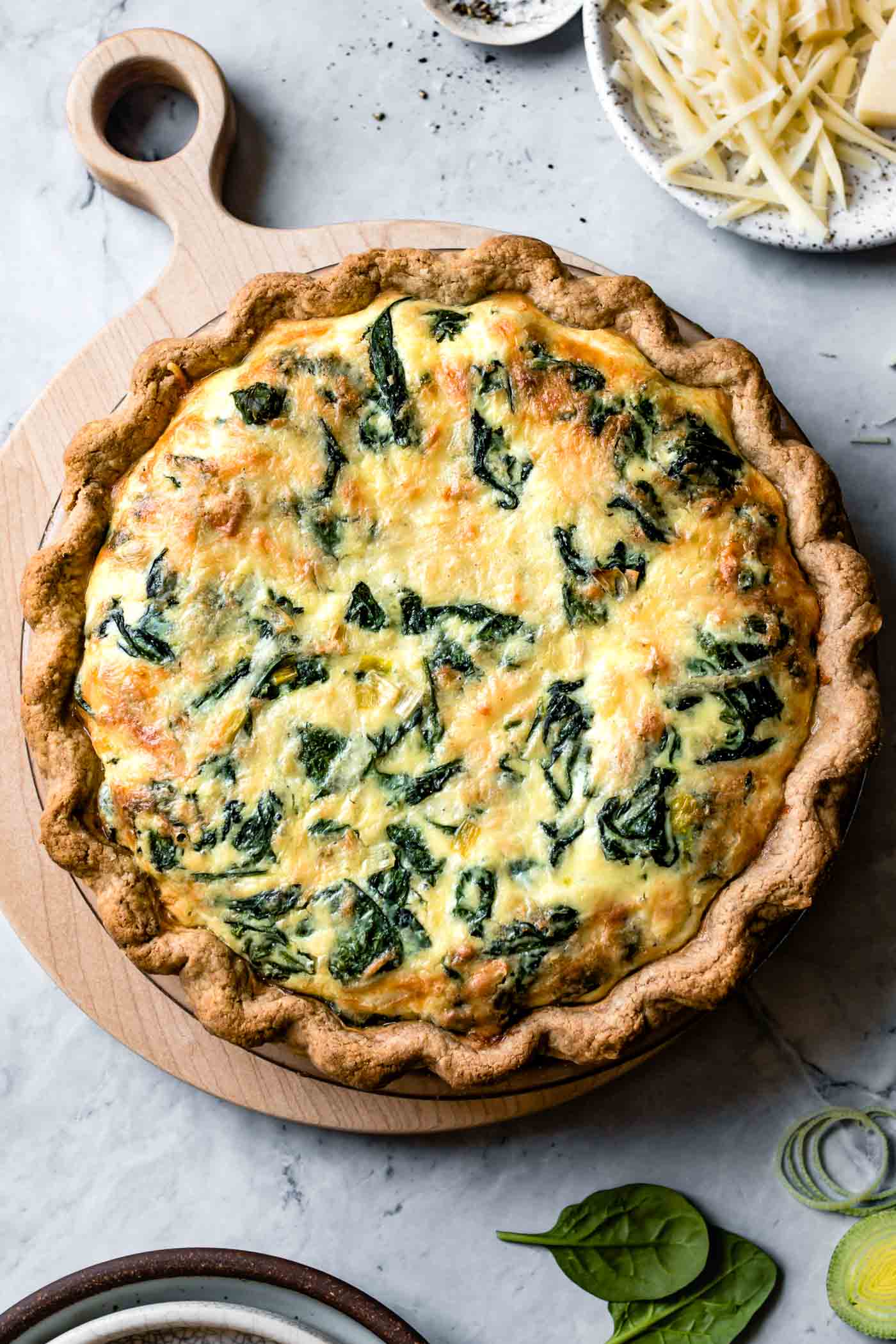 whole gluten-free quiche, freshly baked overhead