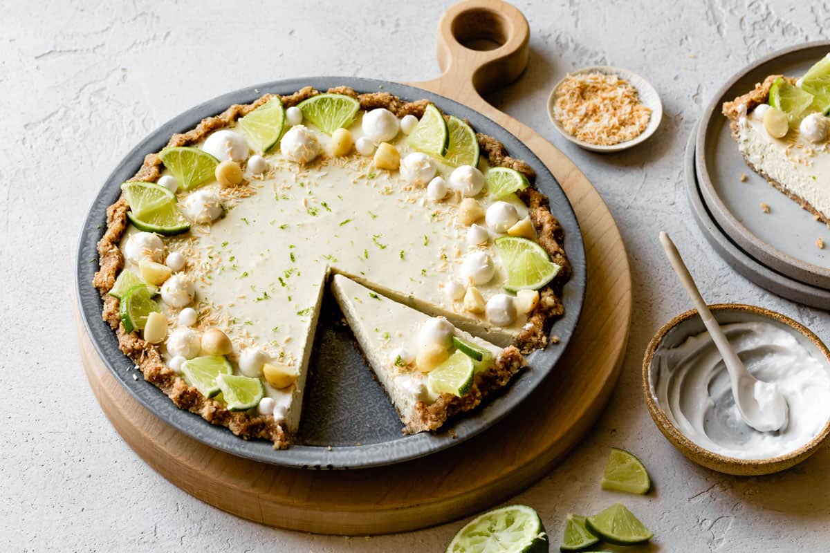 healthy key lime pie chilled and garnished, sliced, side angle