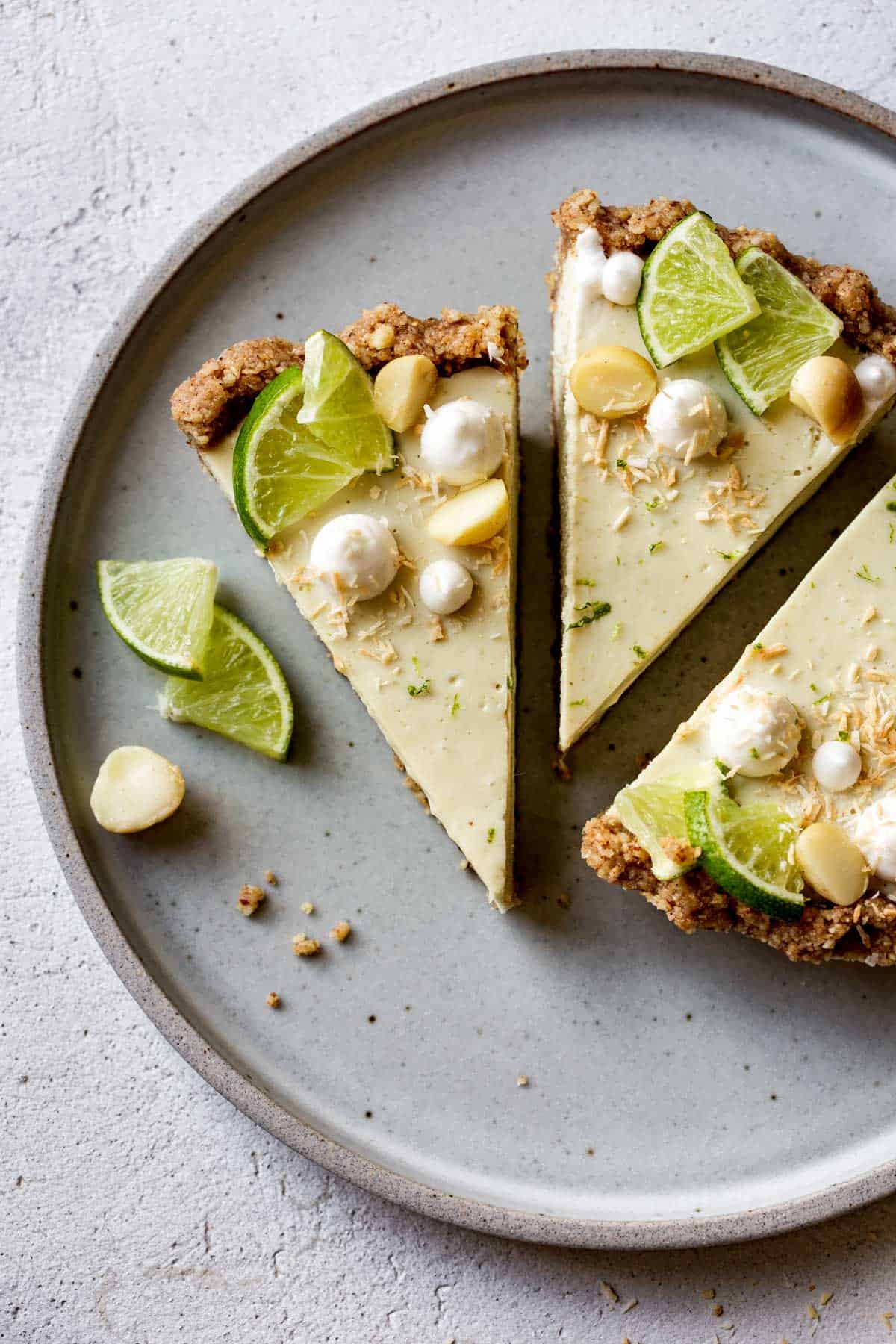 close-up of dairy-free key lime pie slices on a plate