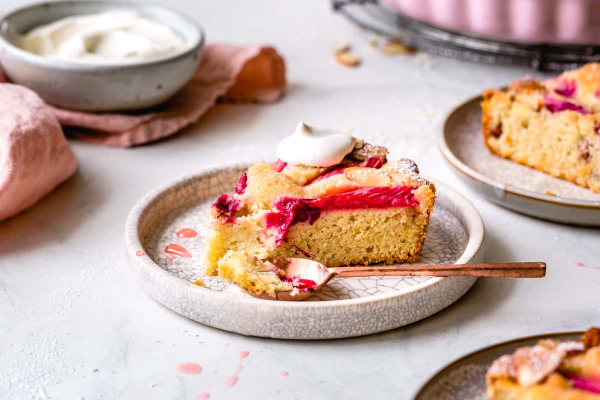 side angle of rhubarb cake slice 