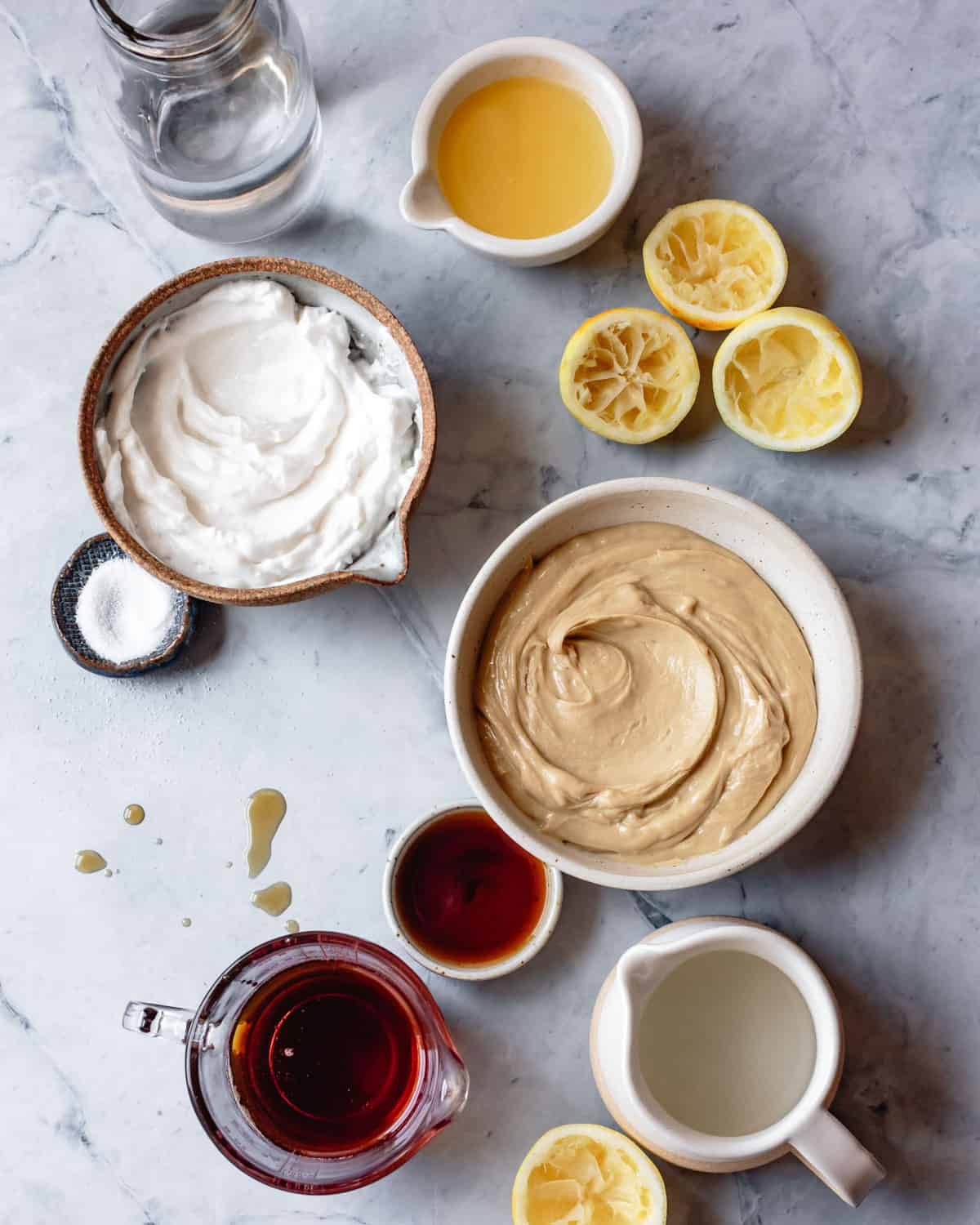 ingredients for paleo frosting recipe on a marble counter