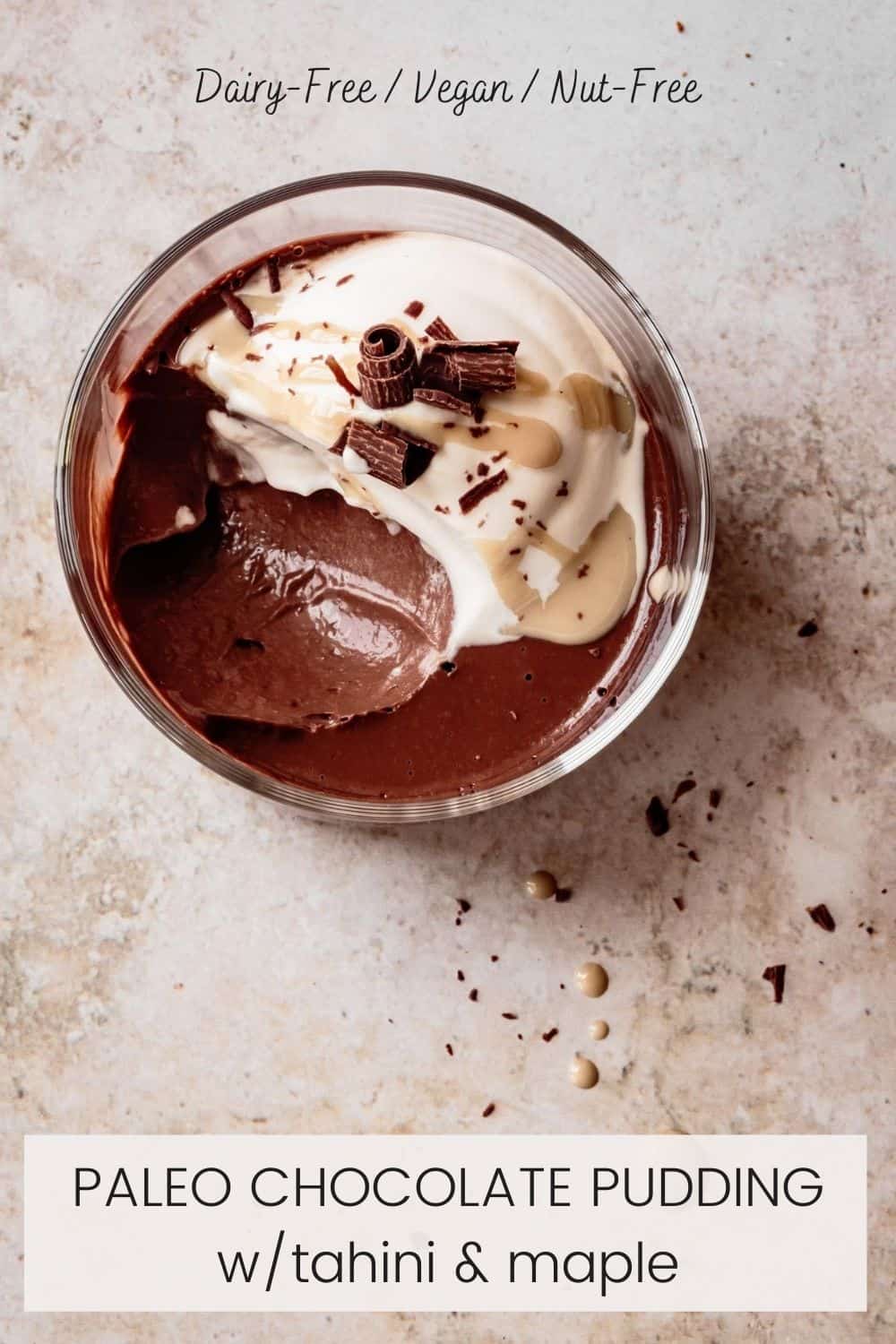 paleo chocolate pudding recipe in a glass, with text overlay