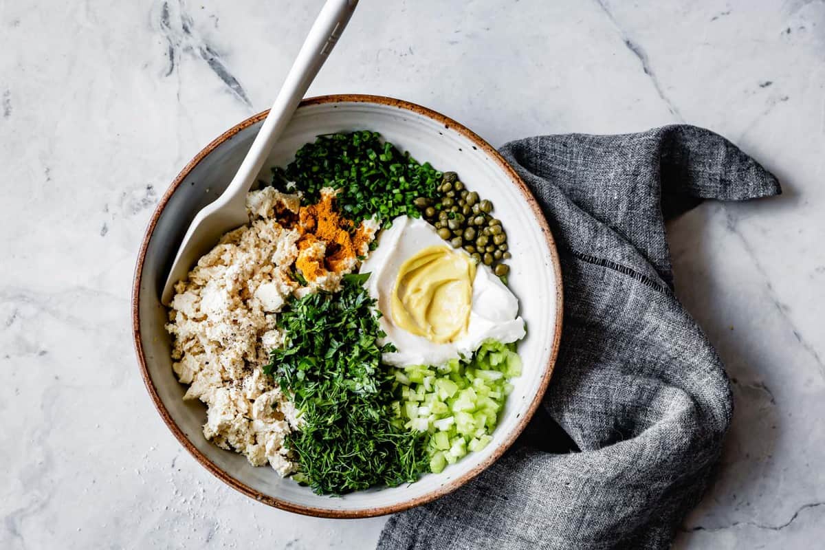 tofu salad ingredients in a bowl