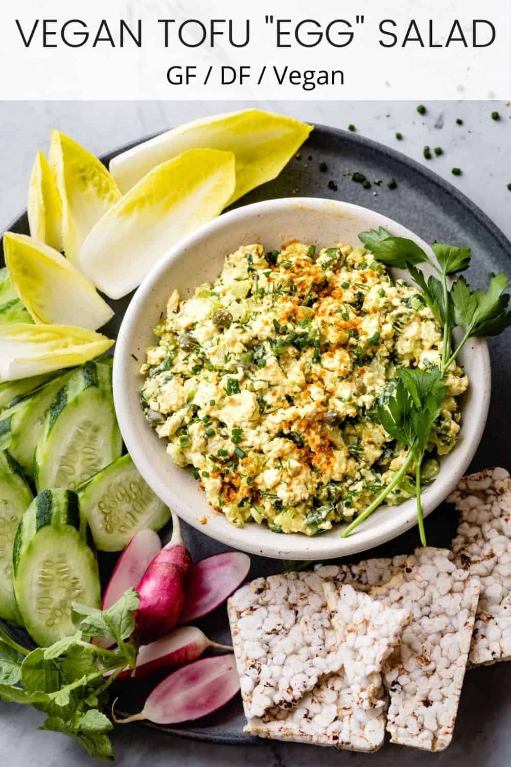 egg salad and veggie platter with text overlay
