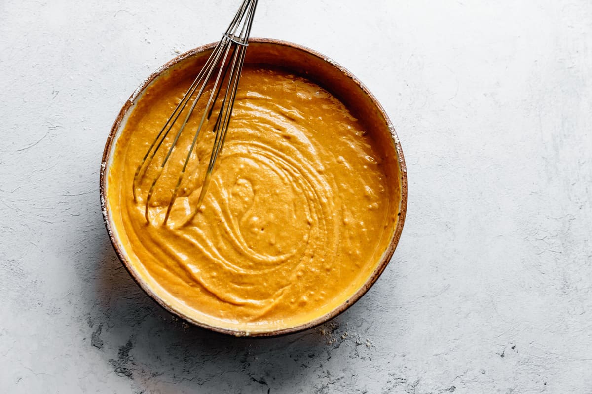 finished batter looking luscious and swirled in a large bowl