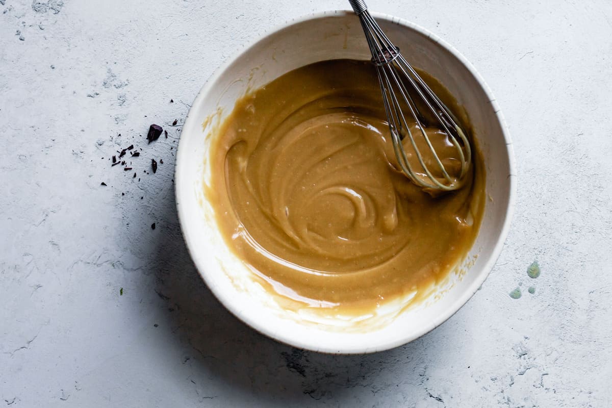 whisked wet ingredients for matcha cookies