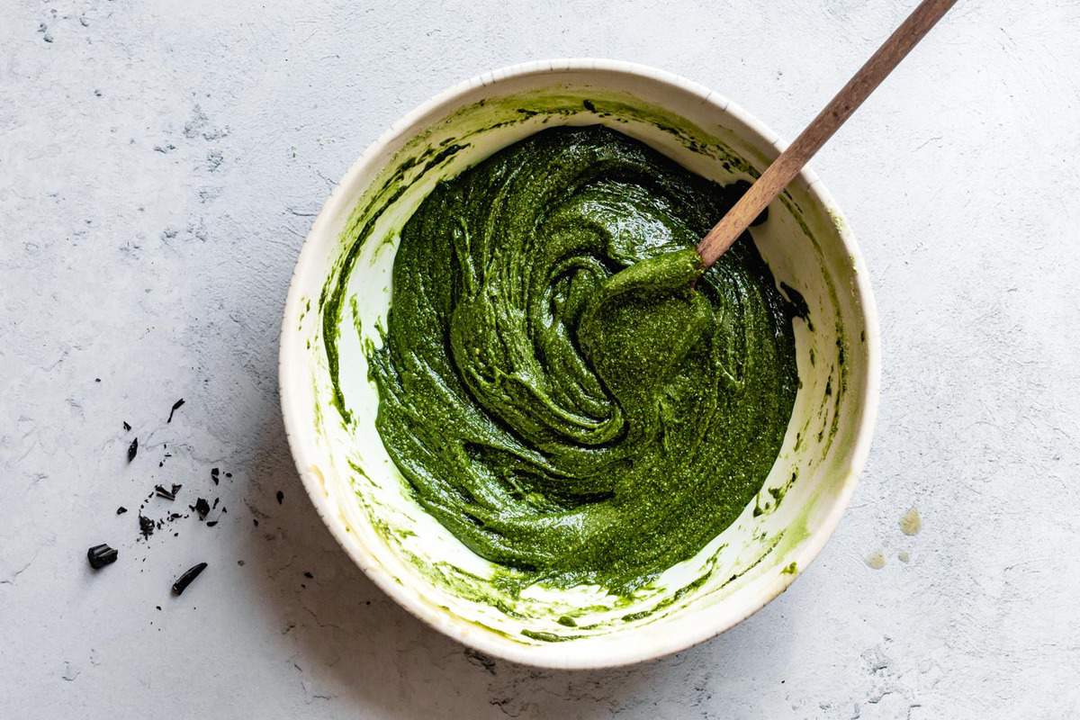 green tea cookie dough, stirred in a bowl