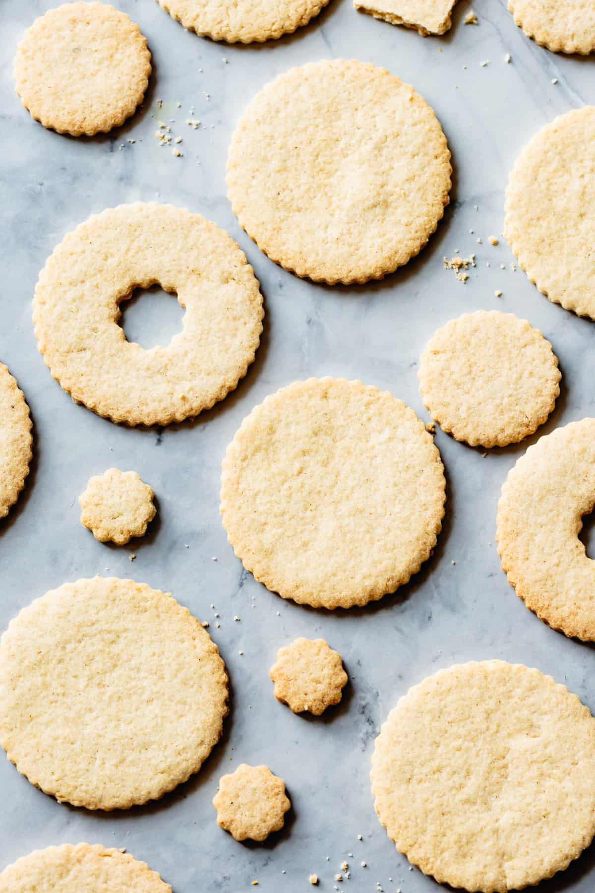 undecorated gf sugar cookies on a marble surface cut into rounds