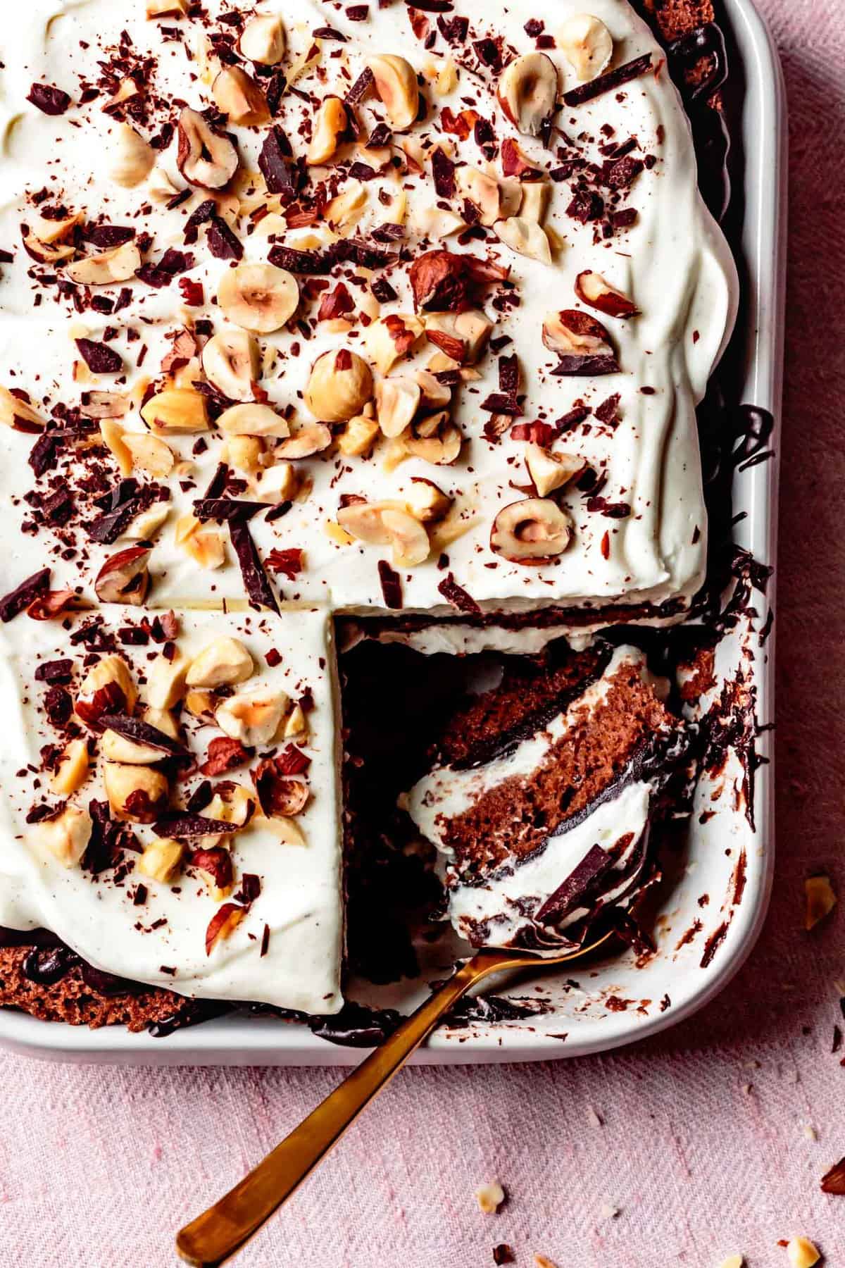 Overhead of tiramisu in pan with a spoon under a messy, chocolatey slice