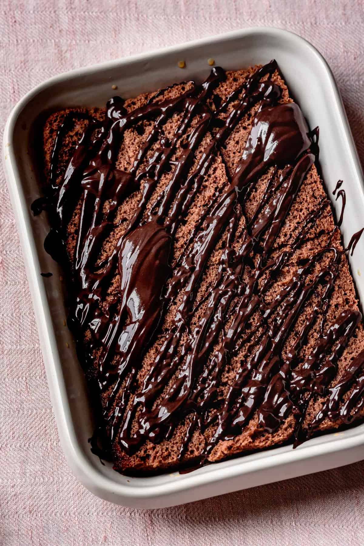 glossy Nutella drizzled over slices of chocolate sponge cake