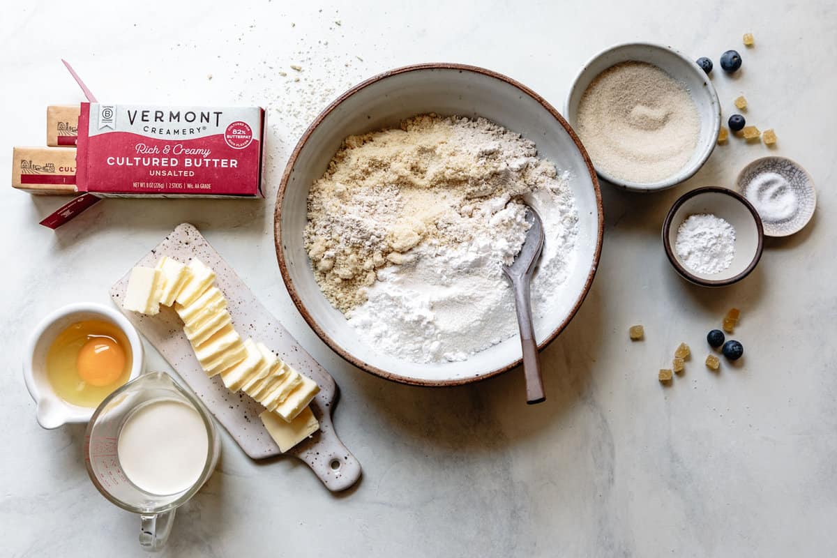 GF scones ingredients arranged on a marble surface