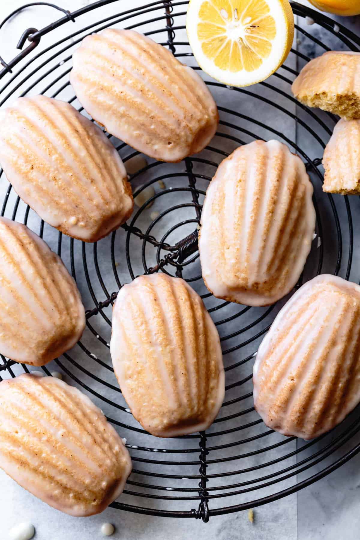 glazed madeleines on a wire rack