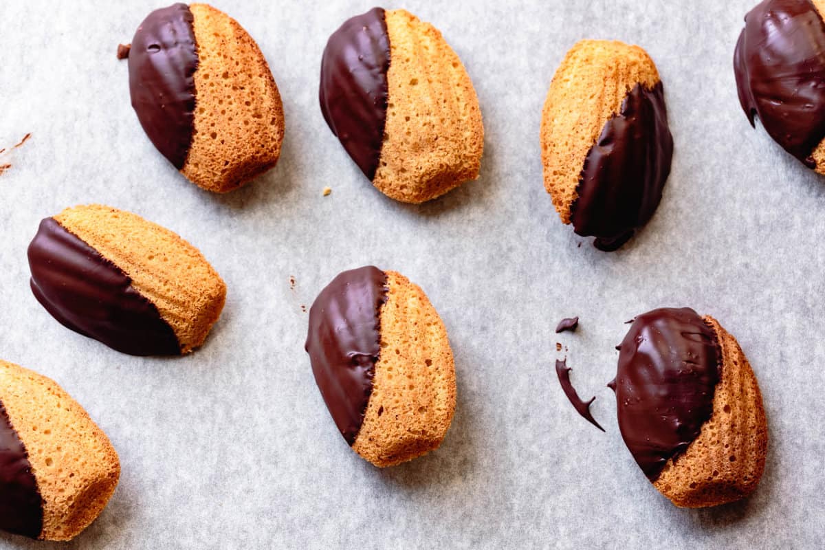 chocolate dipped madeleines on parchment