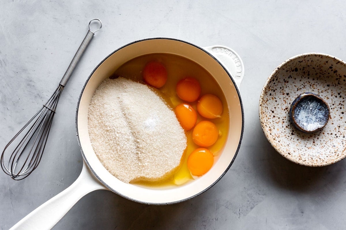 eggs, sugar, and salt in a pot