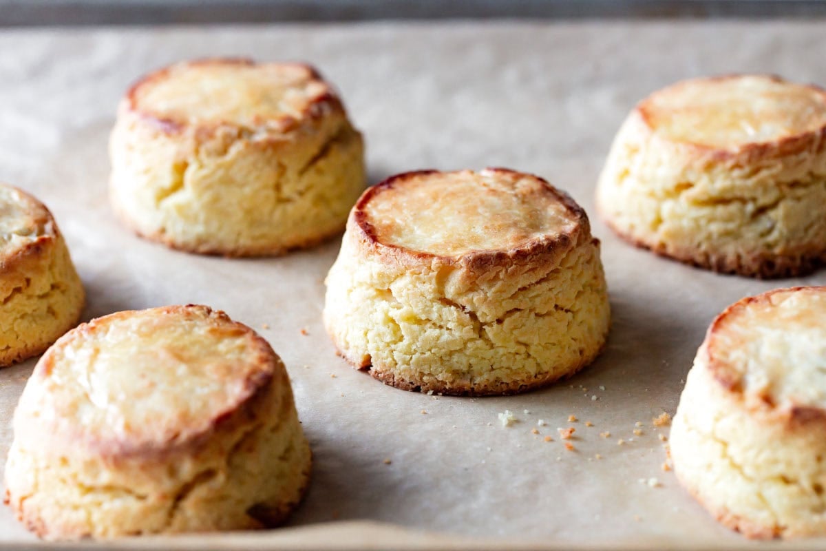 biscuits have been baked on a baking sheet