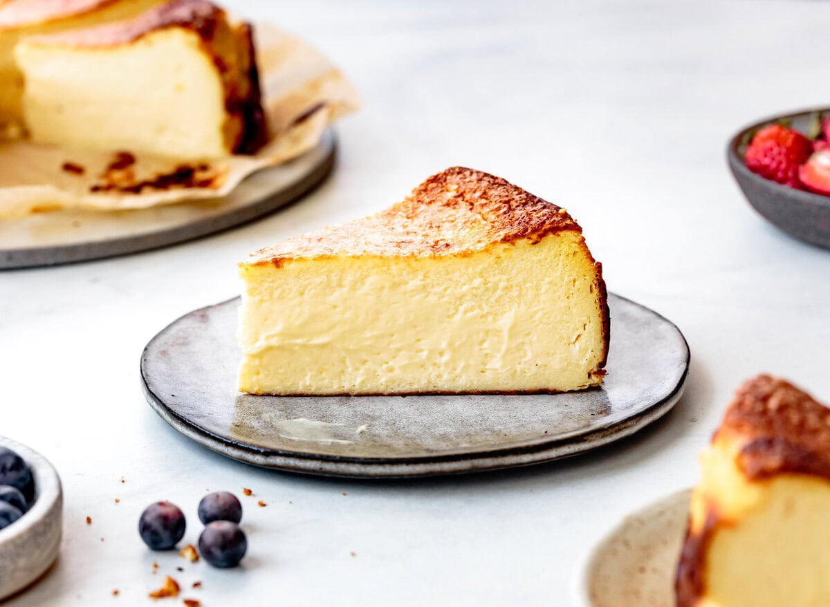 a slice of cheesecake is on a plate