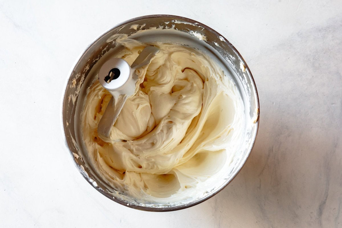 creamy, whipped cream cheese in the mixer bowl