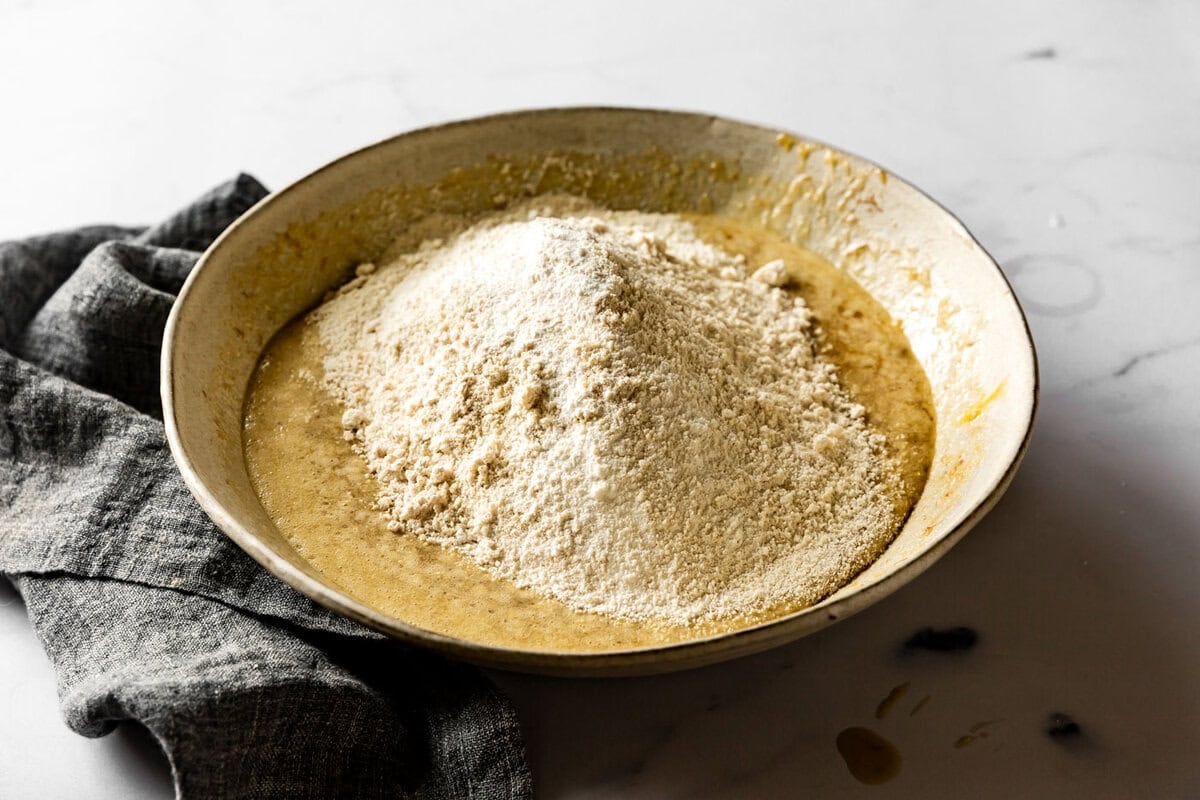 flours sifted into the wet ingredients