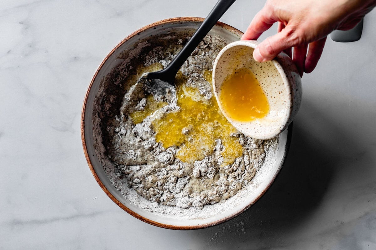pouring in melted butter