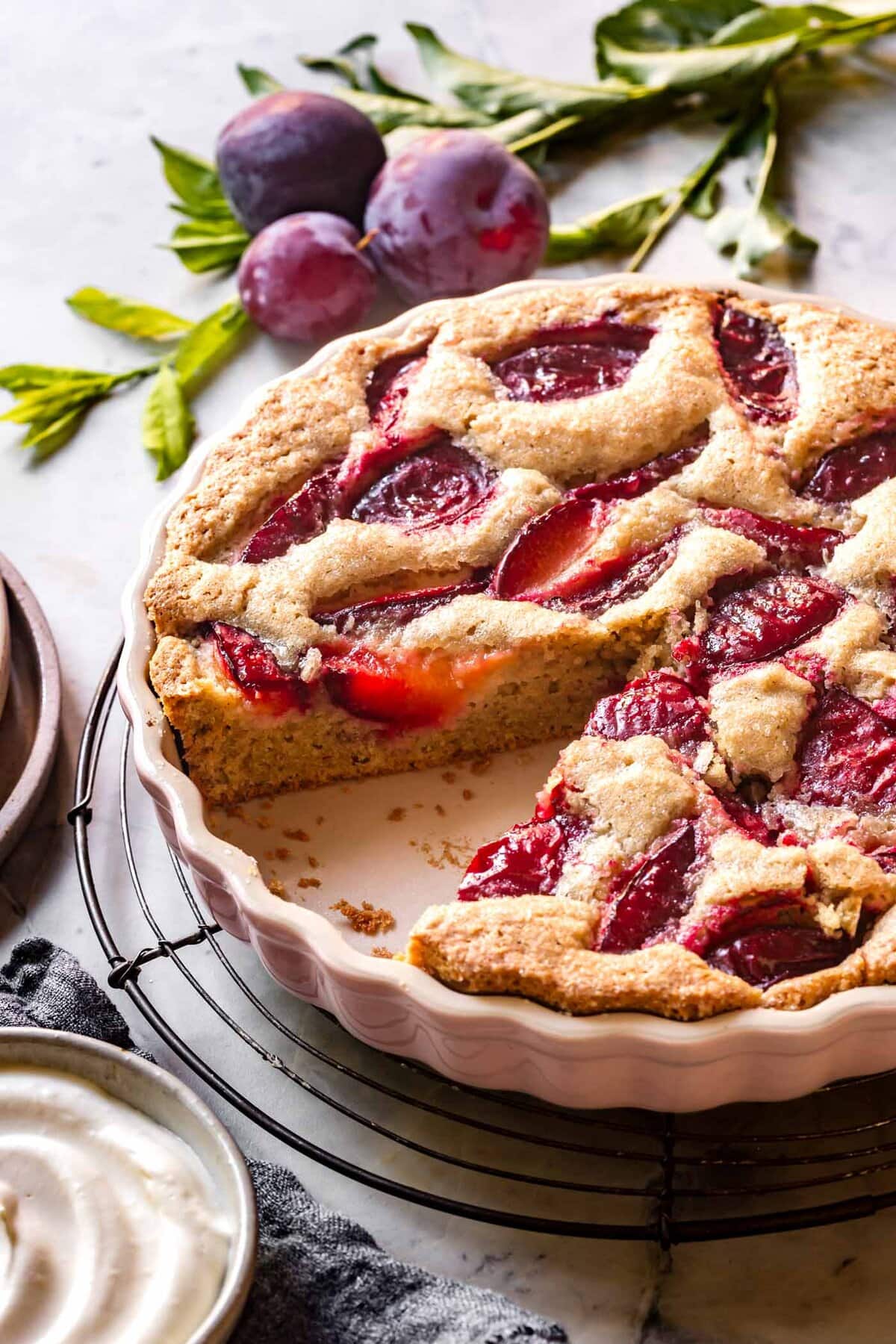 baked plum cake studded with jammy plums